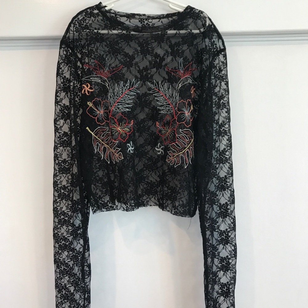 Zara Lace See-through Floral Long Sleeved Top